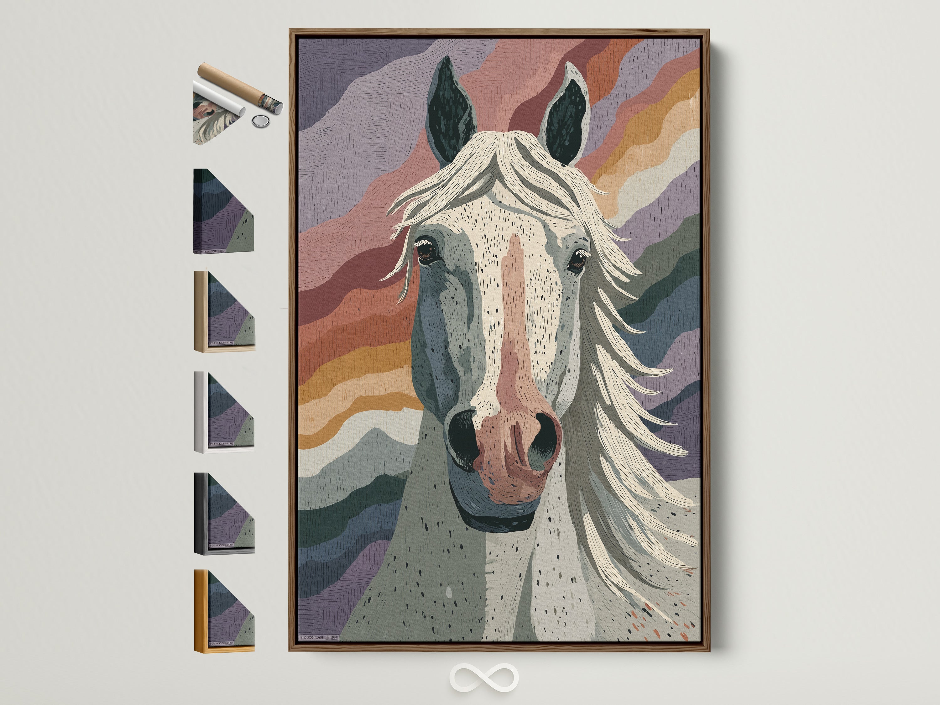 Boho Western Wall Art with a horse portrait in a brown frame. See all frame options available. Colorful equestrian artwork perfect for adding a rustic touch to any room. This piece enhances bedroom wall decor or complements a western home decor theme.