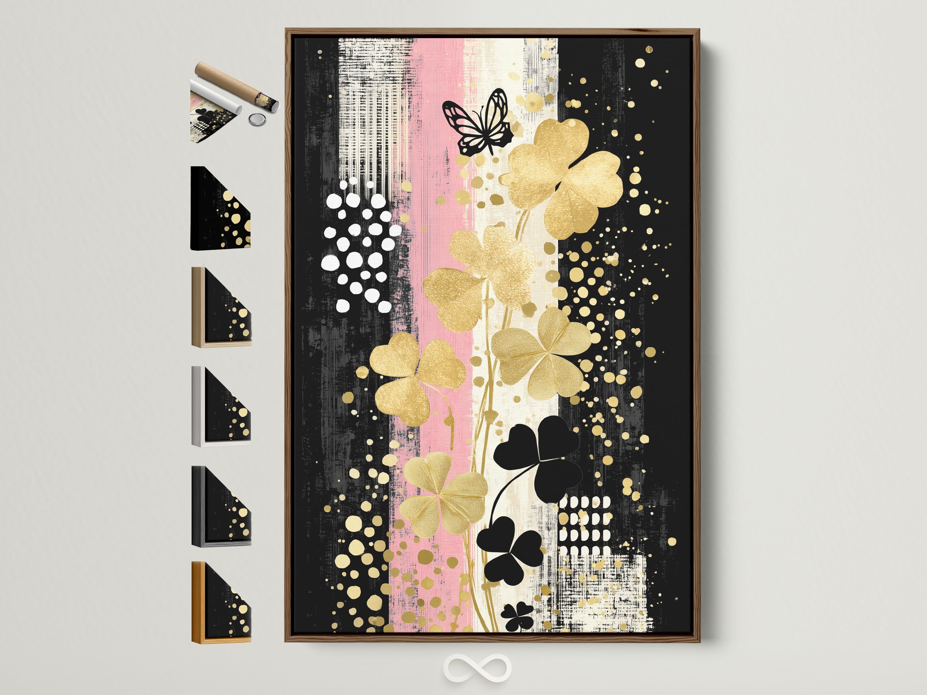 Clover Canvas Print art with a brown frame. All frame options are displayed on the side. This modern botanical artwork features gold and black floral elements. Ideal for entryway decor.