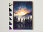 Mountain Lake canvas artwork with a brown frame shows all available frame options. The artwork features pine trees and a celestial sky. This forest wall art is perfect bedroom decor. Get nature photography and wilderness art for your modern nature theme.