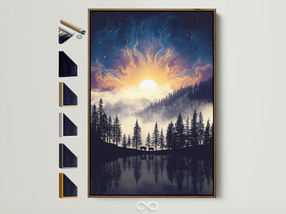Mountain Lake canvas artwork with a brown frame shows all available frame options. The artwork features pine trees and a celestial sky. This forest wall art is perfect bedroom decor. Get nature photography and wilderness art for your modern nature theme.