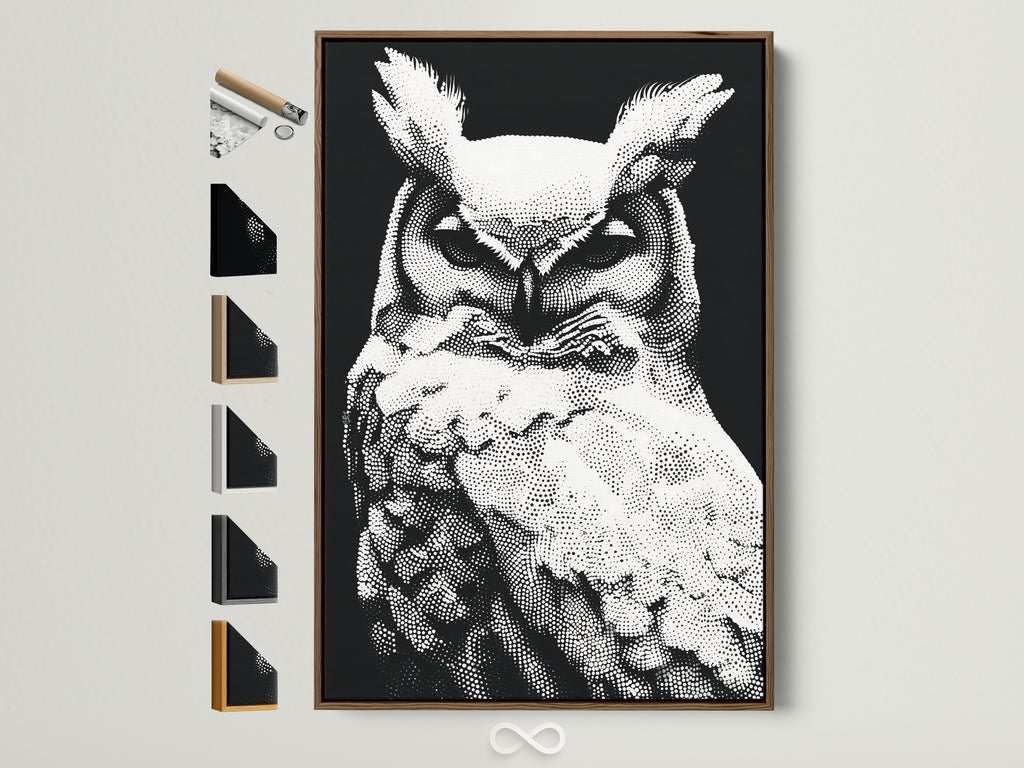 A striking owl artwork in a brown frame is displayed. Several frame options are showcased alongside it. The artwork features a black and white owl created in a modern dotted style. Ideal wall art for study rooms or minimalist spaces. Perfect for wildlife art enthusiasts seeking unique decor.