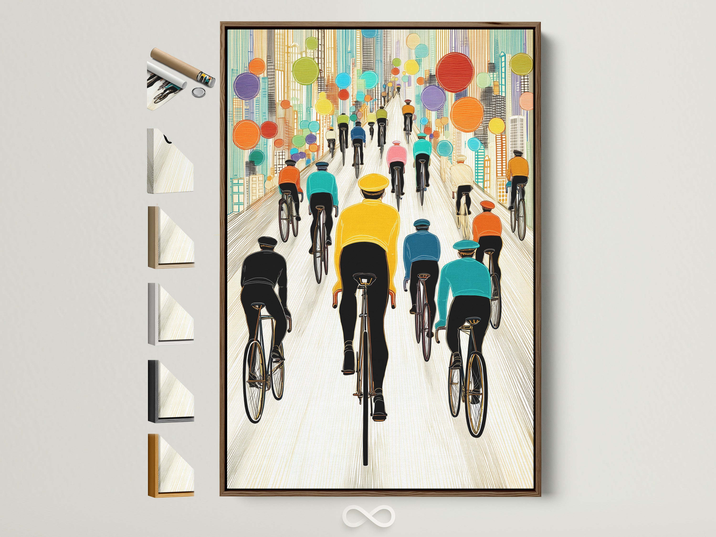 Bicycle Race canvas print. This artwork features a colorful cityscape and cyclists. The print is displayed in a brown frame. Explore frame options to customize your art. Perfect modern artwork for office or home decor.