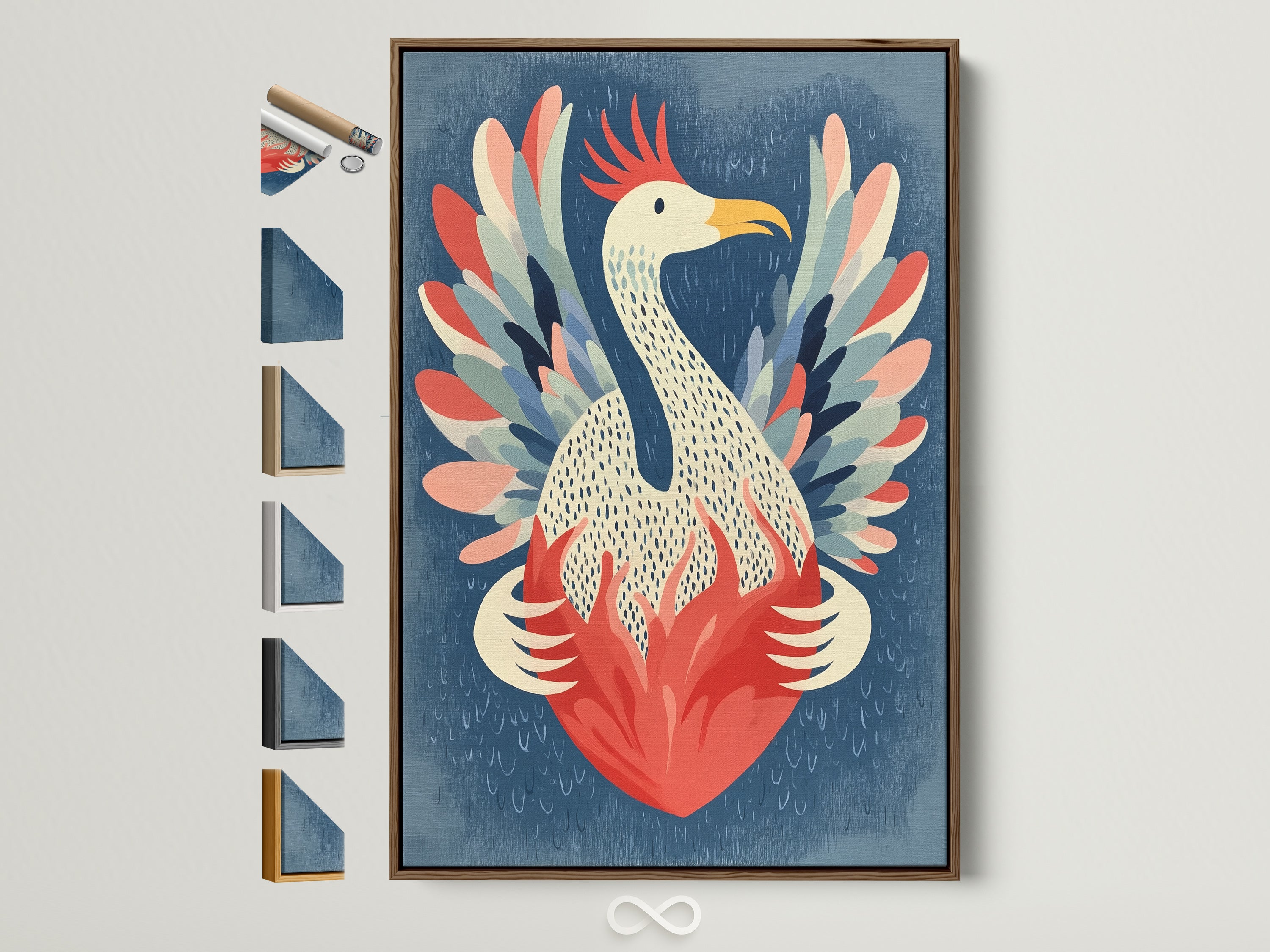 Phoenix Bird artwork with a brown frame. See all our frame options to match your decor. This teal and coral wall art brings a Scandinavian touch. Perfect for any study room or living space.