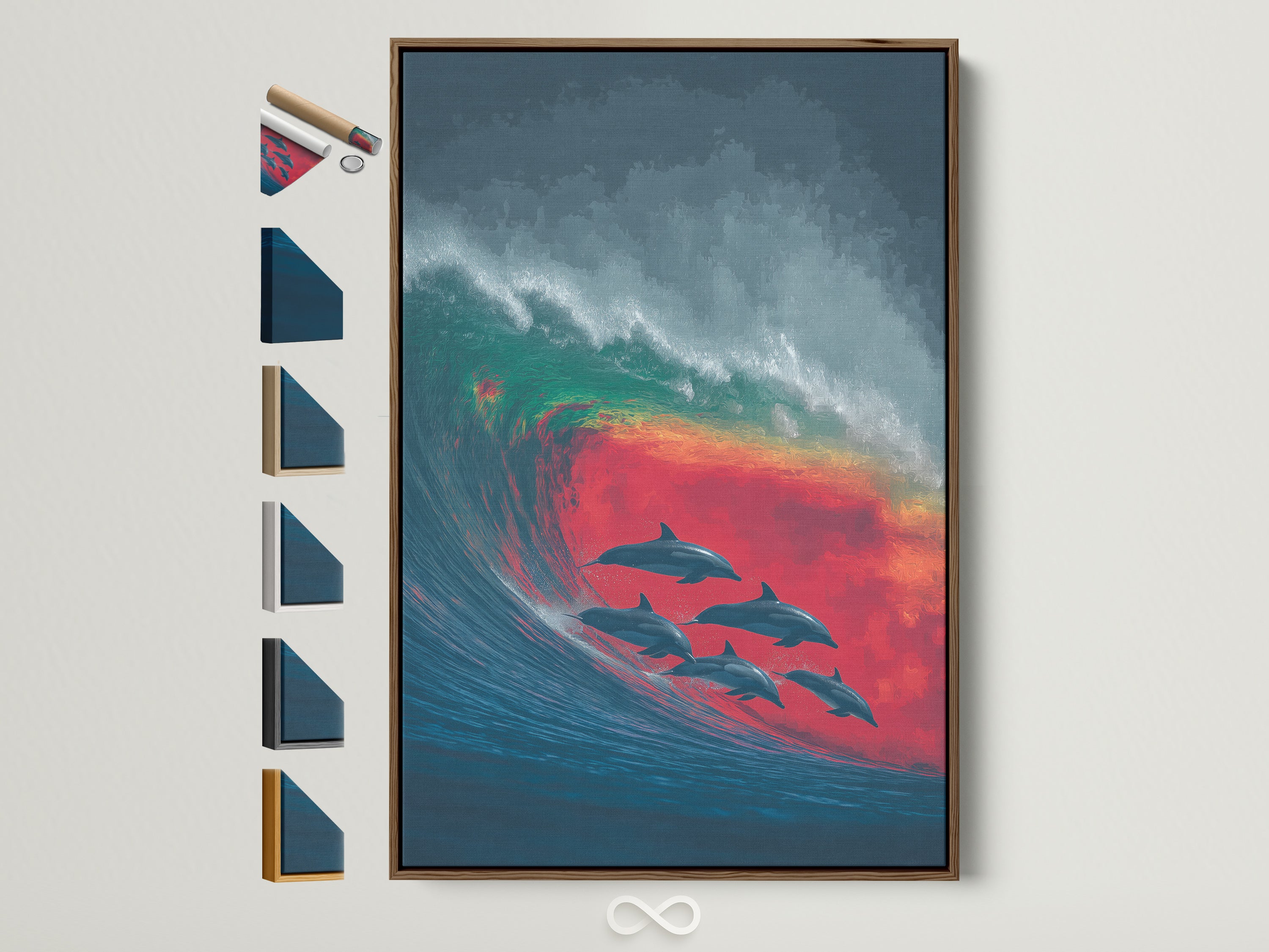 Dolphin Wave canvas print with a brown frame. Frame options are displayed on the side. This ocean wall art brings a colorful coastal touch to your bathroom. It's perfect nautical themed artwork for any room.