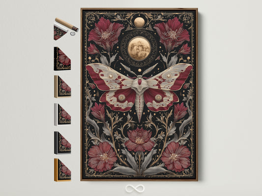 A celestial moth art print is displayed in a brown frame. The art features gothic botanical artwork. Moon phases are integrated into the canvas. Frame options are visible. This is perfect bedroom decor.