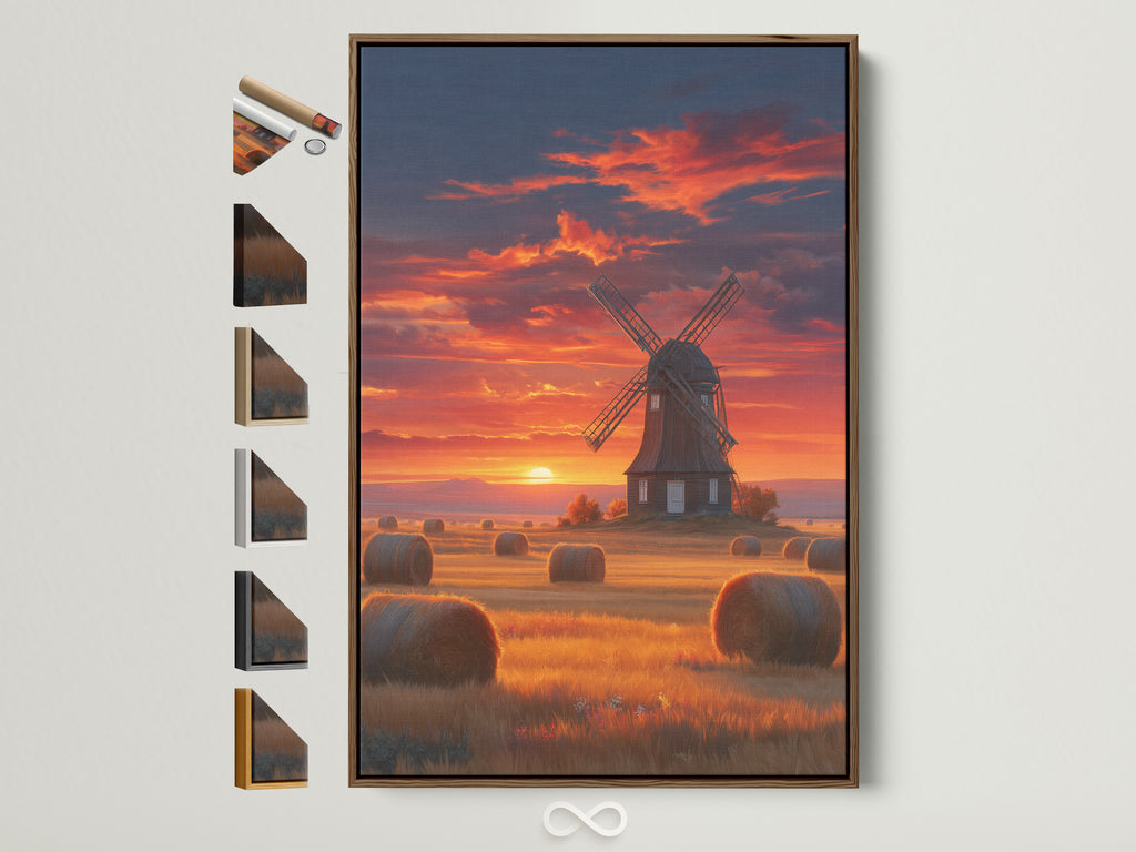 Windmill Sunset artwork in a brown frame. The frame options are displayed on the side. This rustic farm landscape brings Dutch countryside charm to any room. Perfect wall art.