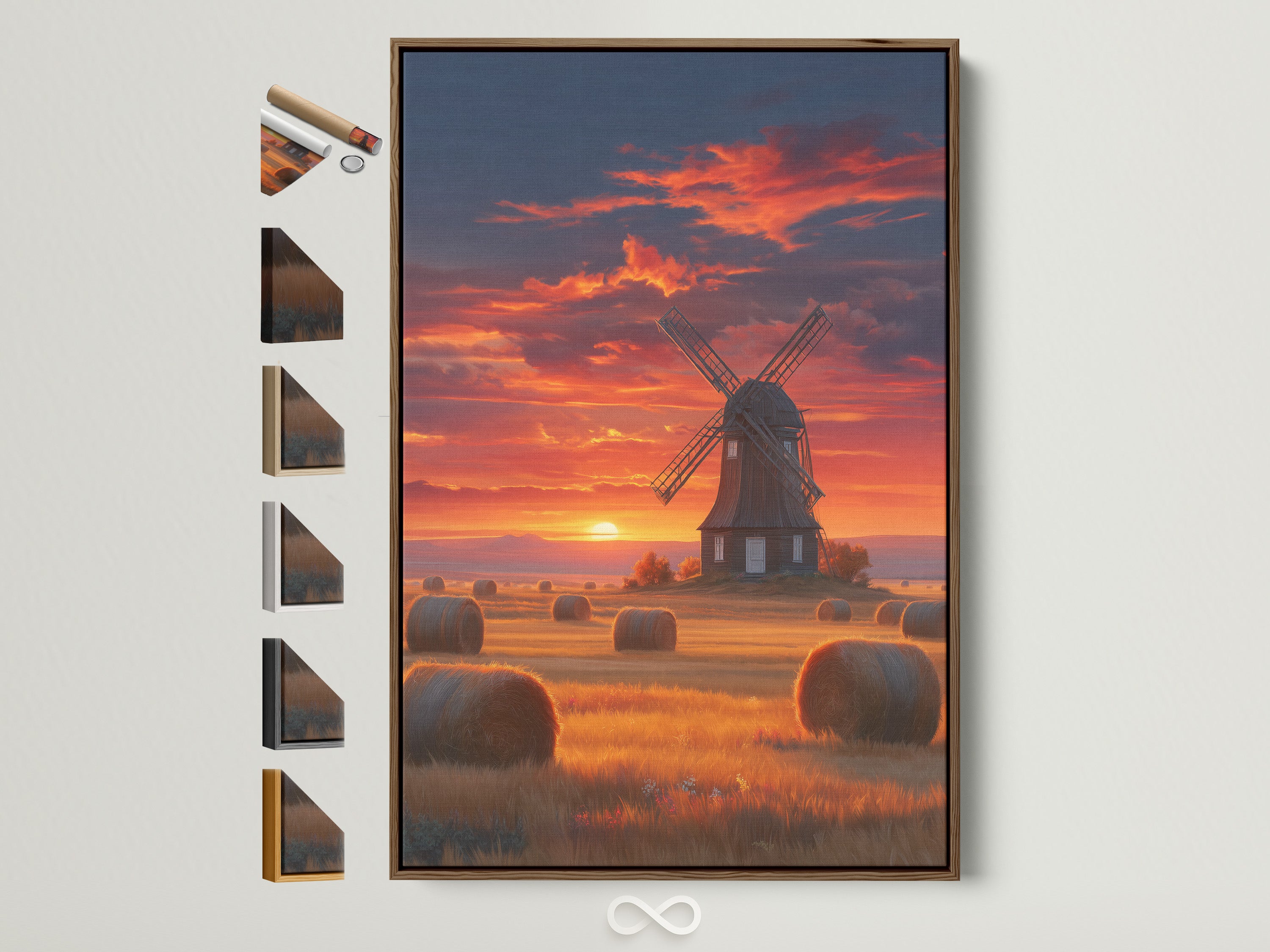 Windmill Sunset artwork in a brown frame. The frame options are displayed on the side. This rustic farm landscape brings Dutch countryside charm to any room. Perfect wall art.