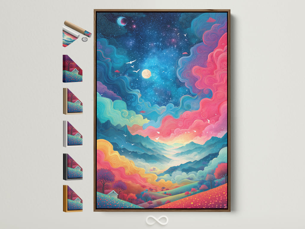 A fantasy landscape artwork is displayed with a brown frame. The artwork features a colorful sky. The sky includes pink teal and yellow clouds. The artwork is mounted on a white wall. Frame options are visible to the side. Perfect for adding a whimsical touch to any room.