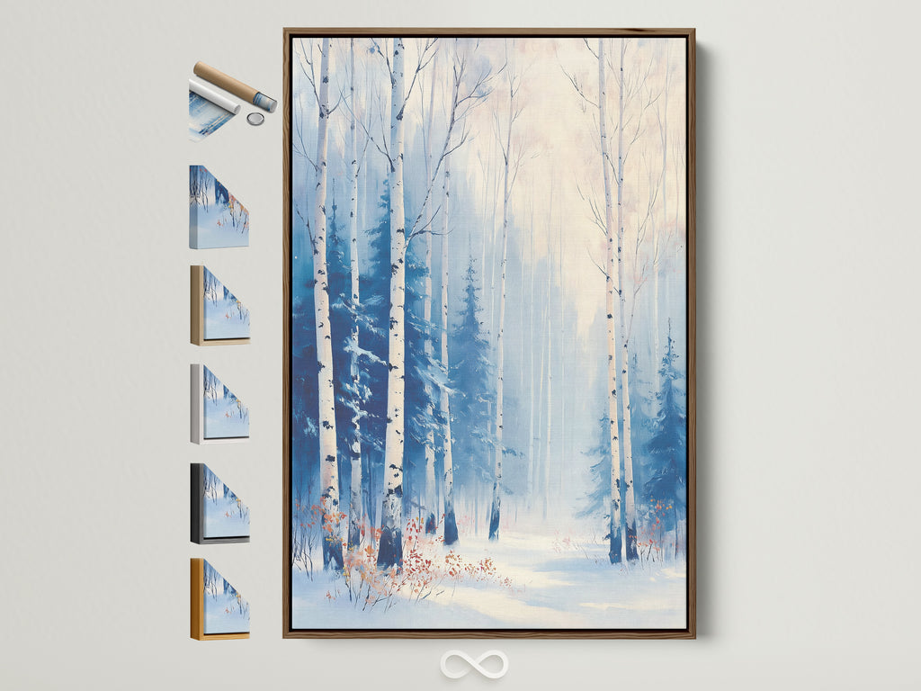 Winter Forest artwork in a brown frame. See all available frame options. This snowy birch tree wall art brings Scandinavian style to your home decor. Perfect nature artwork for cozy spaces.
