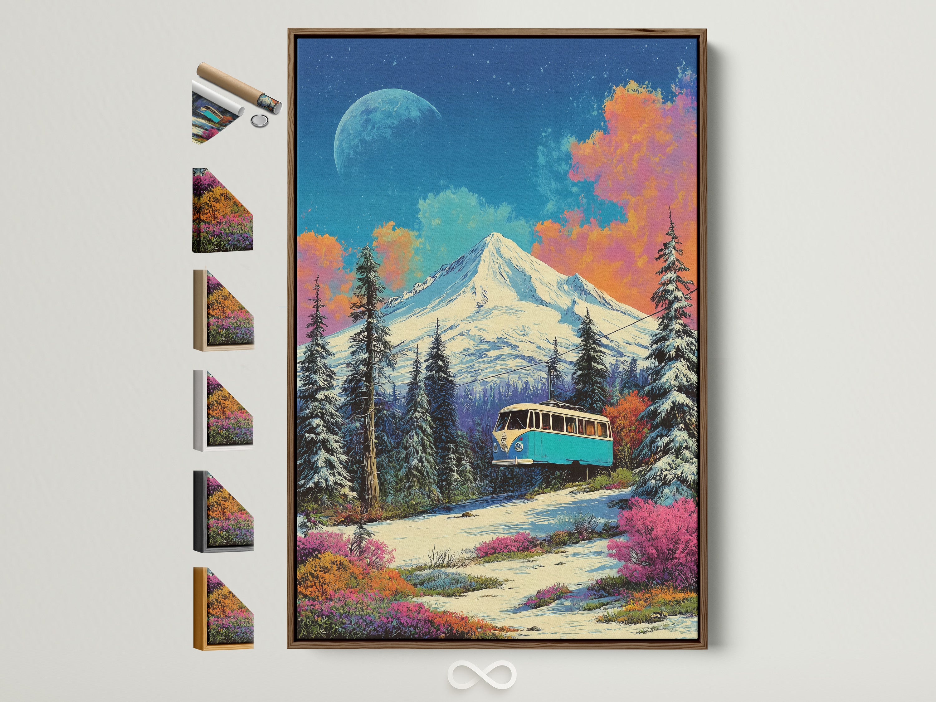 Vintage bus mountain canvas artwork in a brown frame. This retro travel wall art features a colorful adventure landscape. See all frame color options available to match your home decor.
