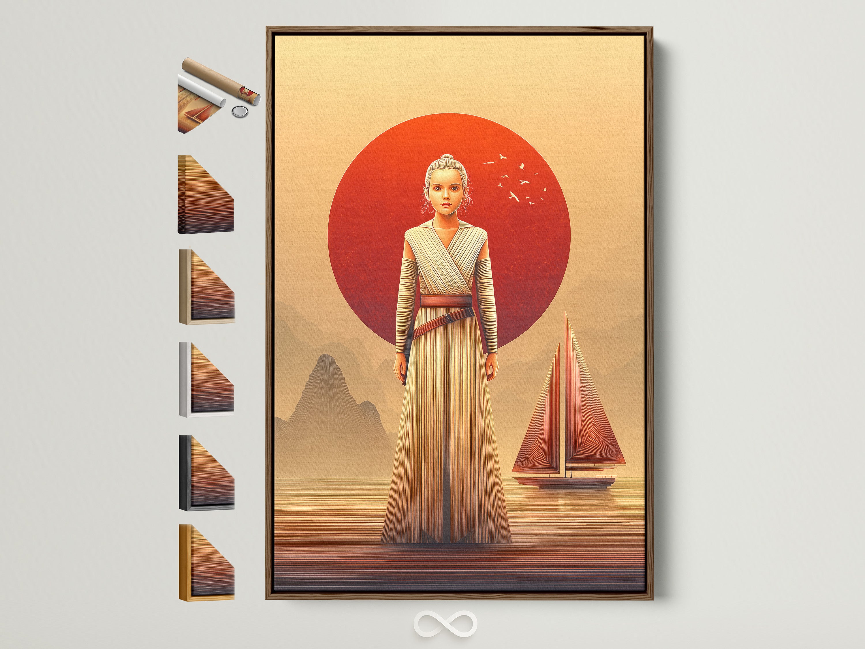 Rey Star Wars canvas art print is displayed in a brown frame. This wall artwork has a coastal style. Perfect Star Wars home office decor. View all available frame options to enhance your new desert sunset wall art.