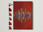 A brown frame displays a vibrant city skyline artwork. The red abstract urban art captures a modern cityscape. Explore frame options for your office decor and architectural wall art. Find the perfect frame to complement your space.