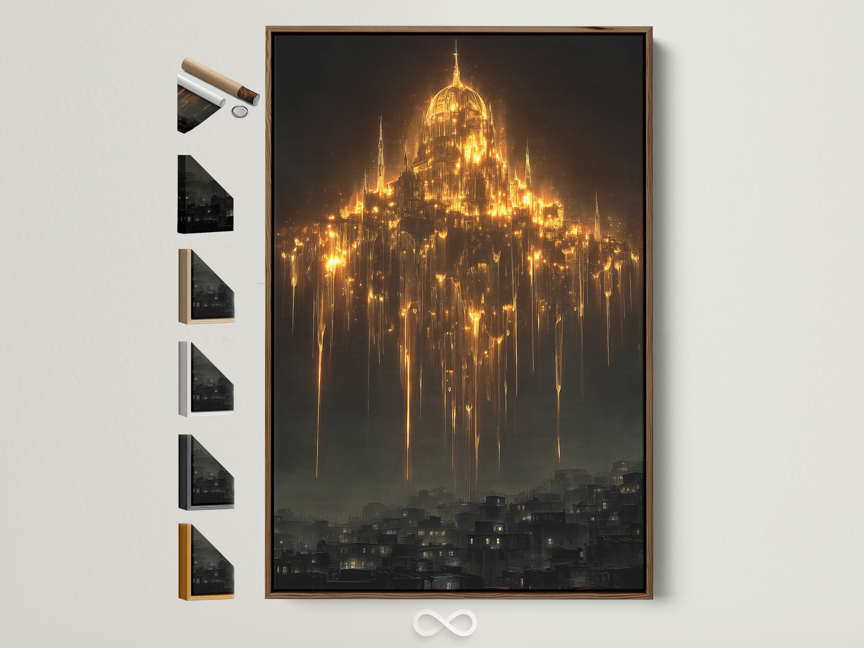 Gothic Cathedral art print with a brown frame is displayed. Explore mystical architecture wall art perfect for study room decor. This dark academia fantasy artwork features golden light accents. Discover gothic wall art to elevate your home decor. Enhance your space with this cathedral print.