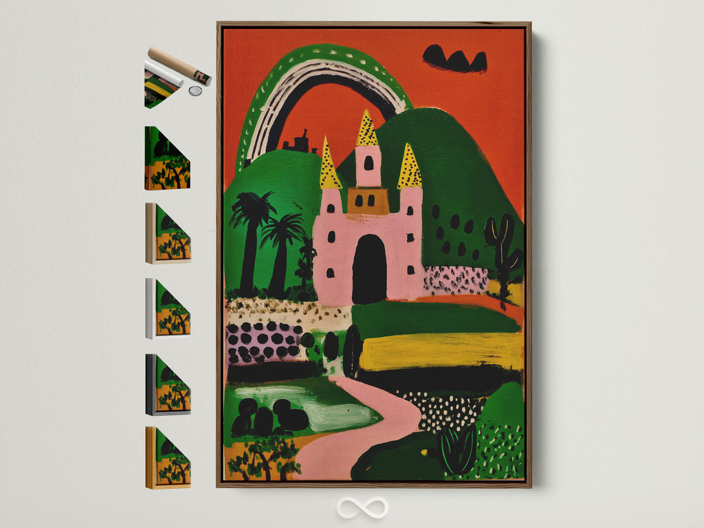 Whimsical castle art print in a brown frame. Frame options are displayed alongside. This colorful landscape wall decor features pink and green hues. Perfect kids wall art for a playroom adding a touch of fairytale charm.