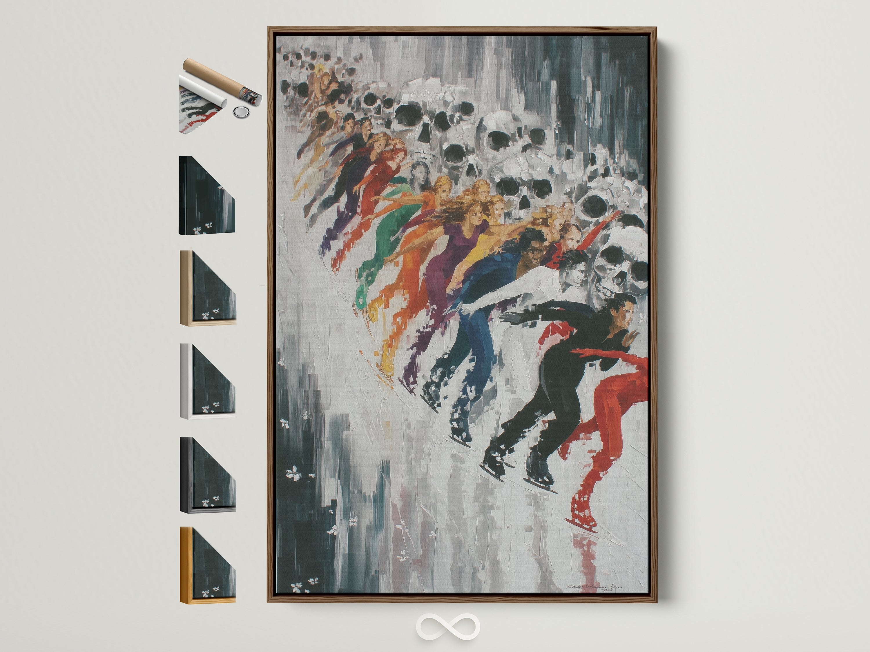 Abstract Skull Art Print with a brown frame. See the available frame options on the side. This colorful grunge wall art adds a contemporary dark art touch to modern home decor. Perfect for art enthusiasts seeking edgy artwork.