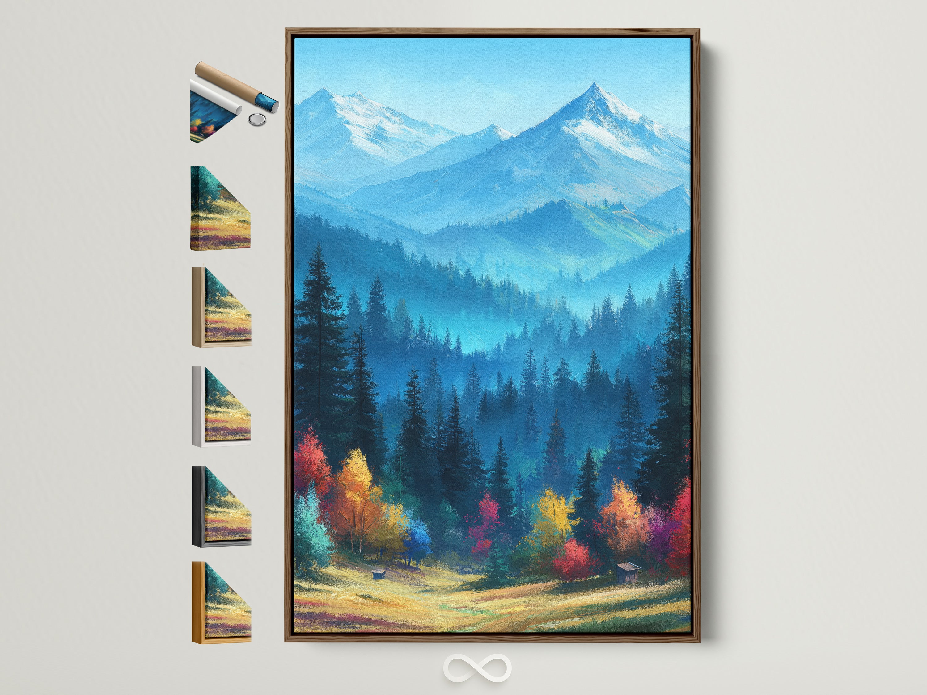Mountain Landscape Artwork with a Brown Frame. The artwork features blue mountains and a colorful autumn forest. This nature print brings a rustic charm to any room. Explore frame options to customize your wall art. Perfect for cabin decor or adding nature's beauty to your home.