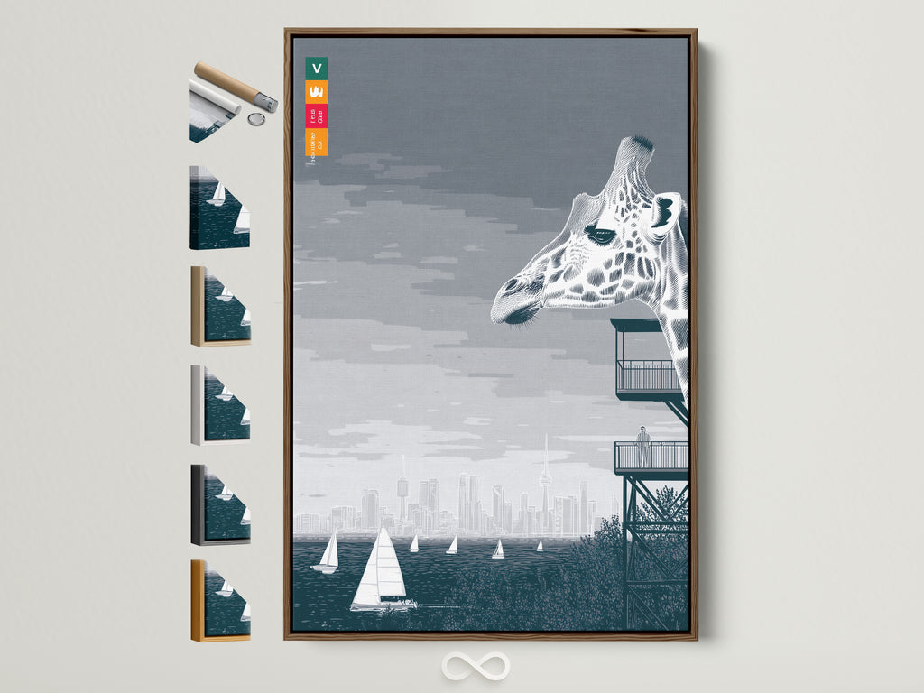 Giraffe artwork with a city skyline and sailboats is displayed in a brown frame. The artwork features a gray and blue color palette. Frame options are visible on the side. Perfect modern wall art for home or office.