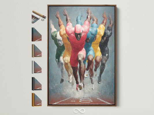 Marathon Runners canvas art is displayed in a brown frame. See all frame options available. This colorful sports wall art adds athletic motivation to any office or gym decor. Perfect for energizing modern and contemporary spaces. A great piece for homeowners and business owners.