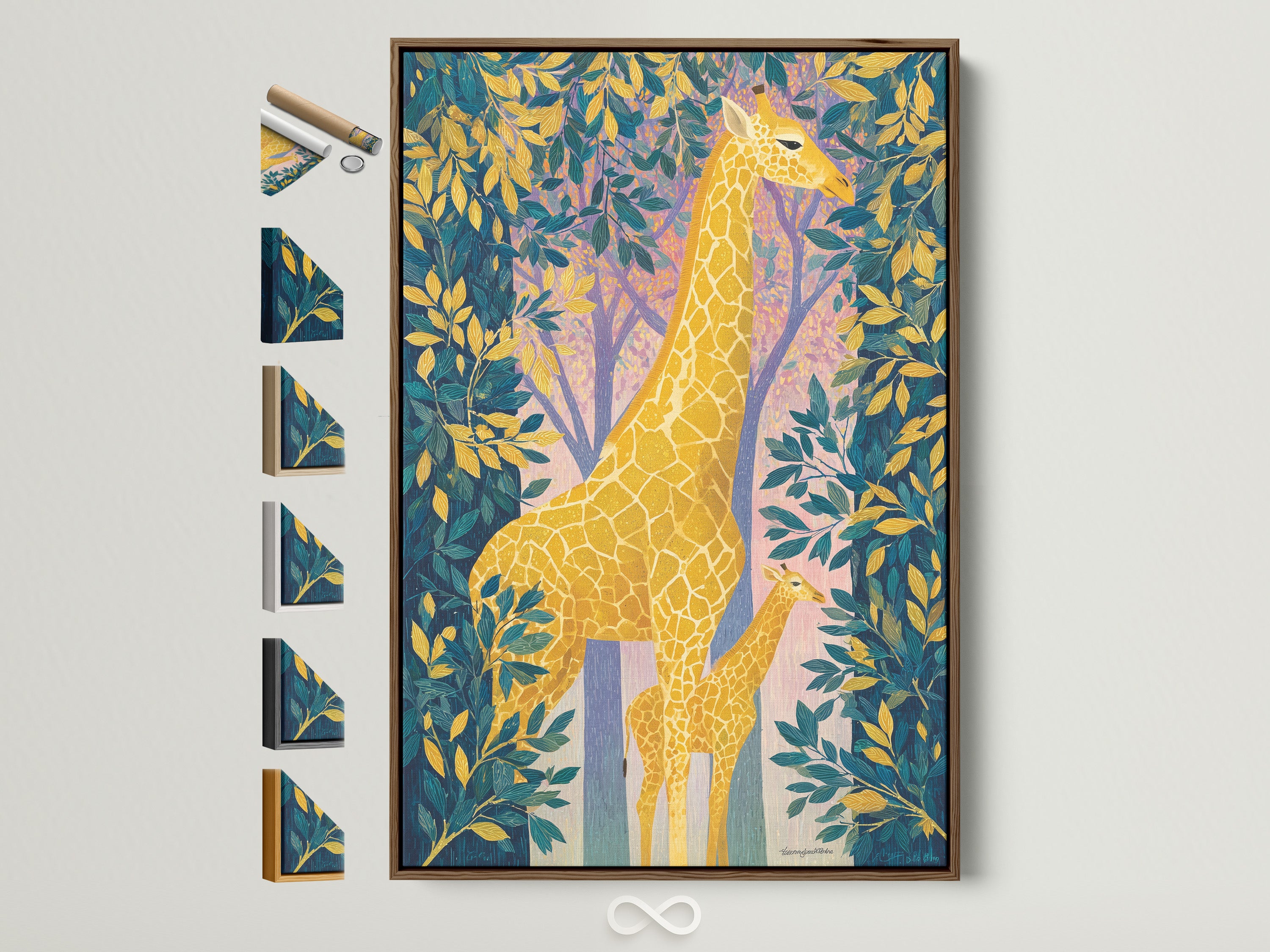 A vibrant giraffe artwork in a brown frame is displayed alongside framing style options. This colorful safari canvas print is ideal for a nursery or kids room. The tropical botanical animal art brings a playful touch to any space. Perfect for adding a splash of color and wildlife charm.