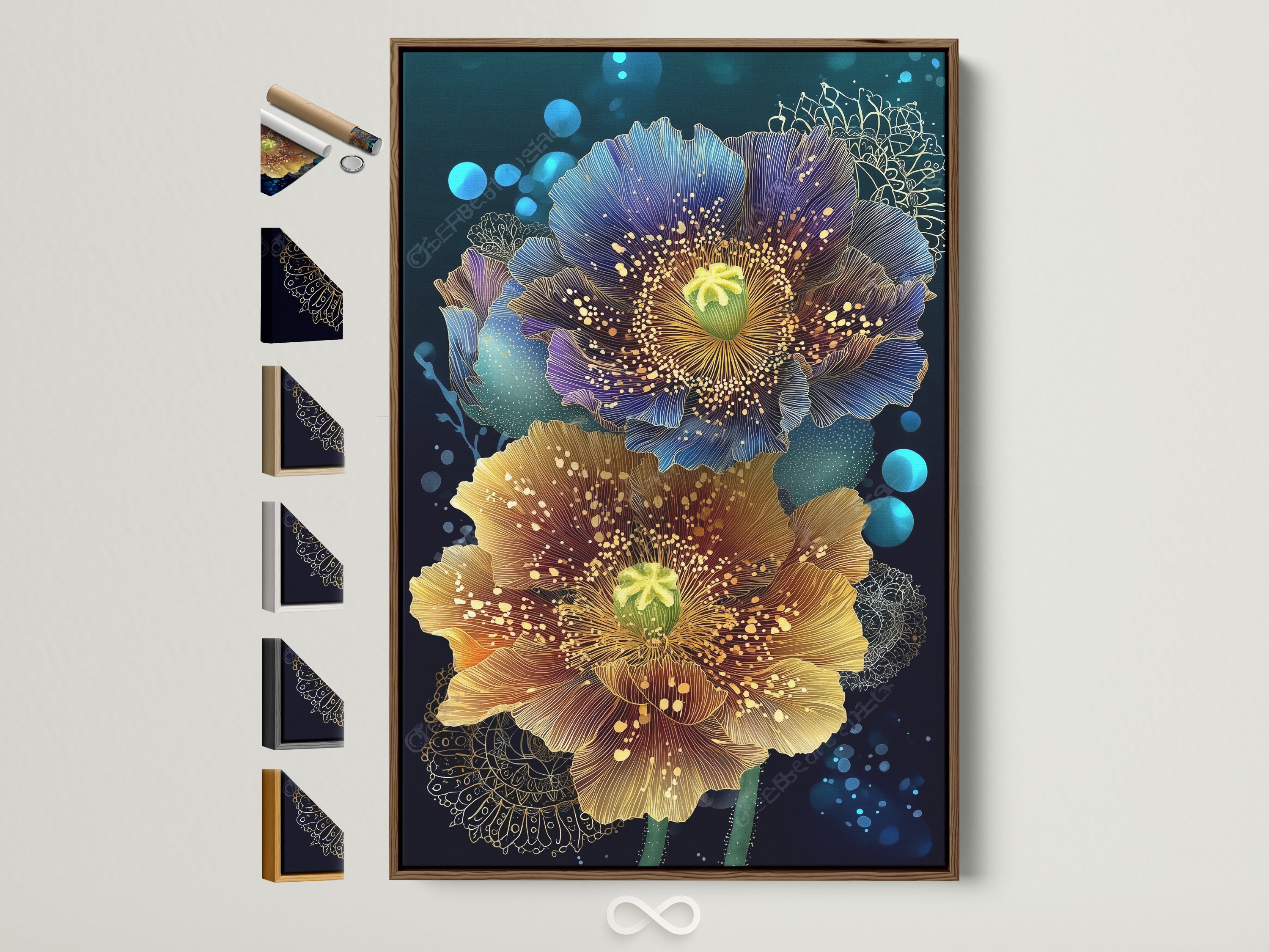Floral canvas print featuring teal and gold botanical artwork. The print is showcased in a brown frame. All frame options are displayed on the side. Perfect modern flower artwork for a bedroom. Shop now!