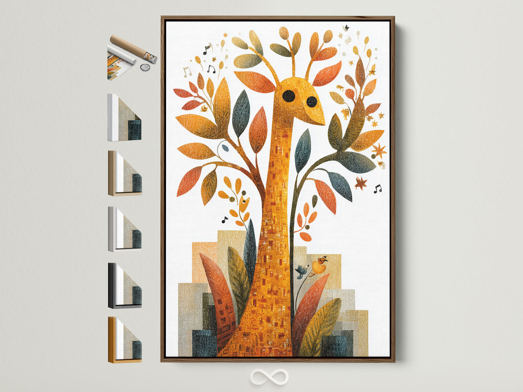 Framed giraffe art print adds charm to any room. Explore frame options for a personalized touch. Various frame styles are displayed. Find the perfect frame to complement your artwork and home decor.