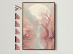Cherry Blossom Landscape Artwork in a brown frame. All frame options are displayed on the side. This Japanese Moon Wall Artwork brings zen decor to any room. Perfect for creating a serene atmosphere.