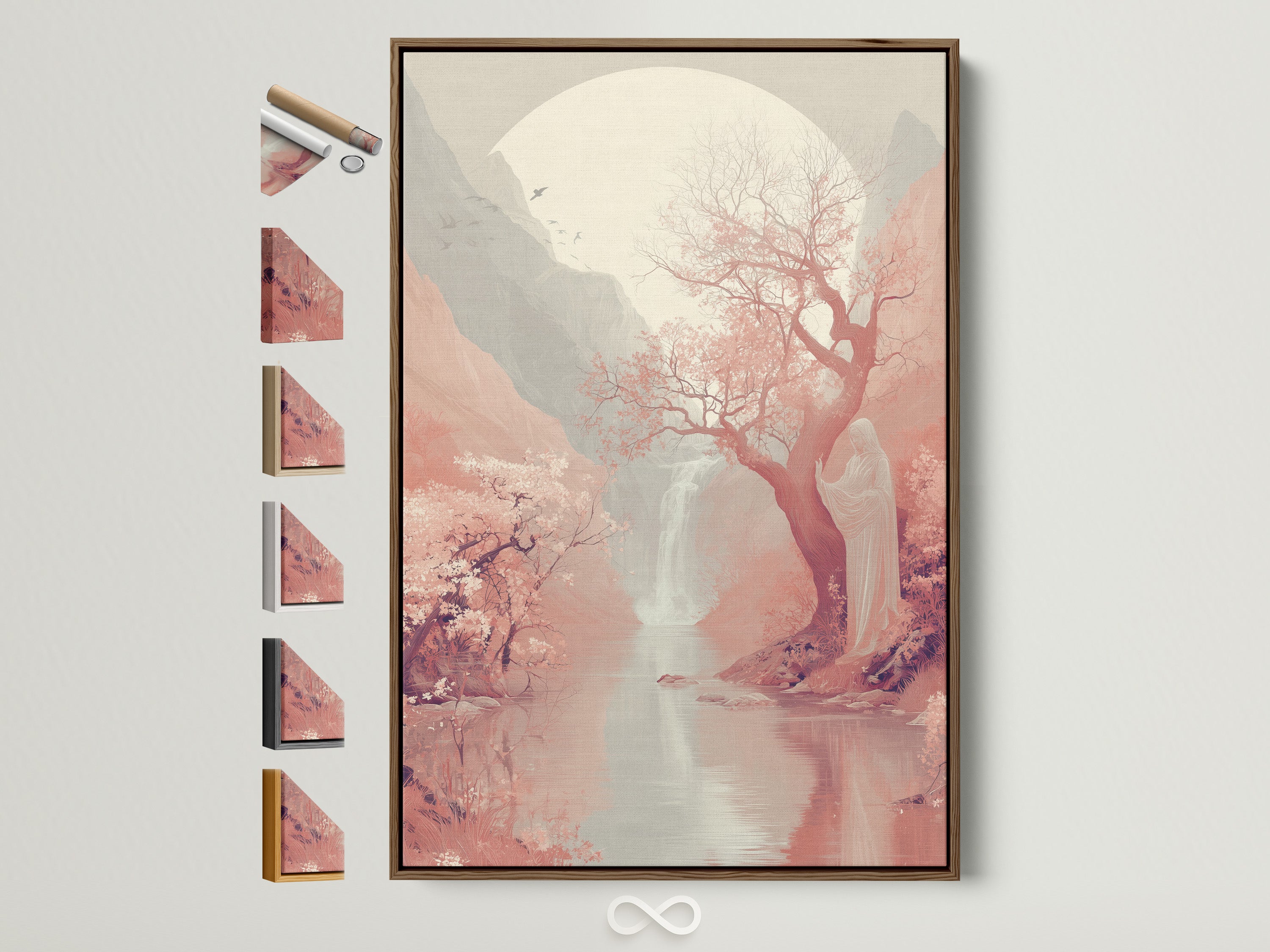 Cherry Blossom Landscape Artwork in a brown frame. All frame options are displayed on the side. This Japanese Moon Wall Artwork brings zen decor to any room. Perfect for creating a serene atmosphere.