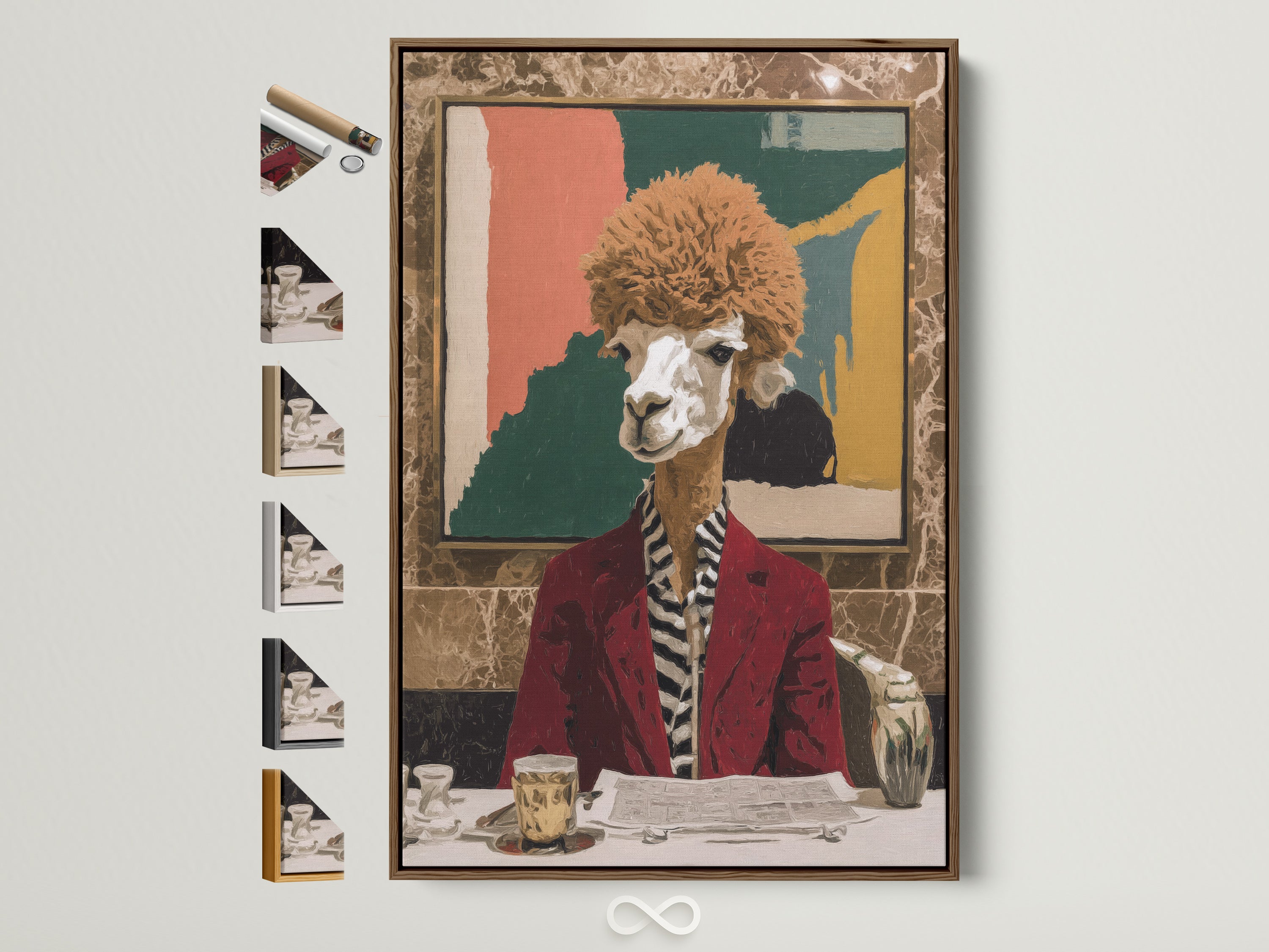 Brown frame displays quirky llama artwork. This whimsical animal wall art is a vintage style canvas print. All frame options are visible. Elevate your home office decor with unique artwork.