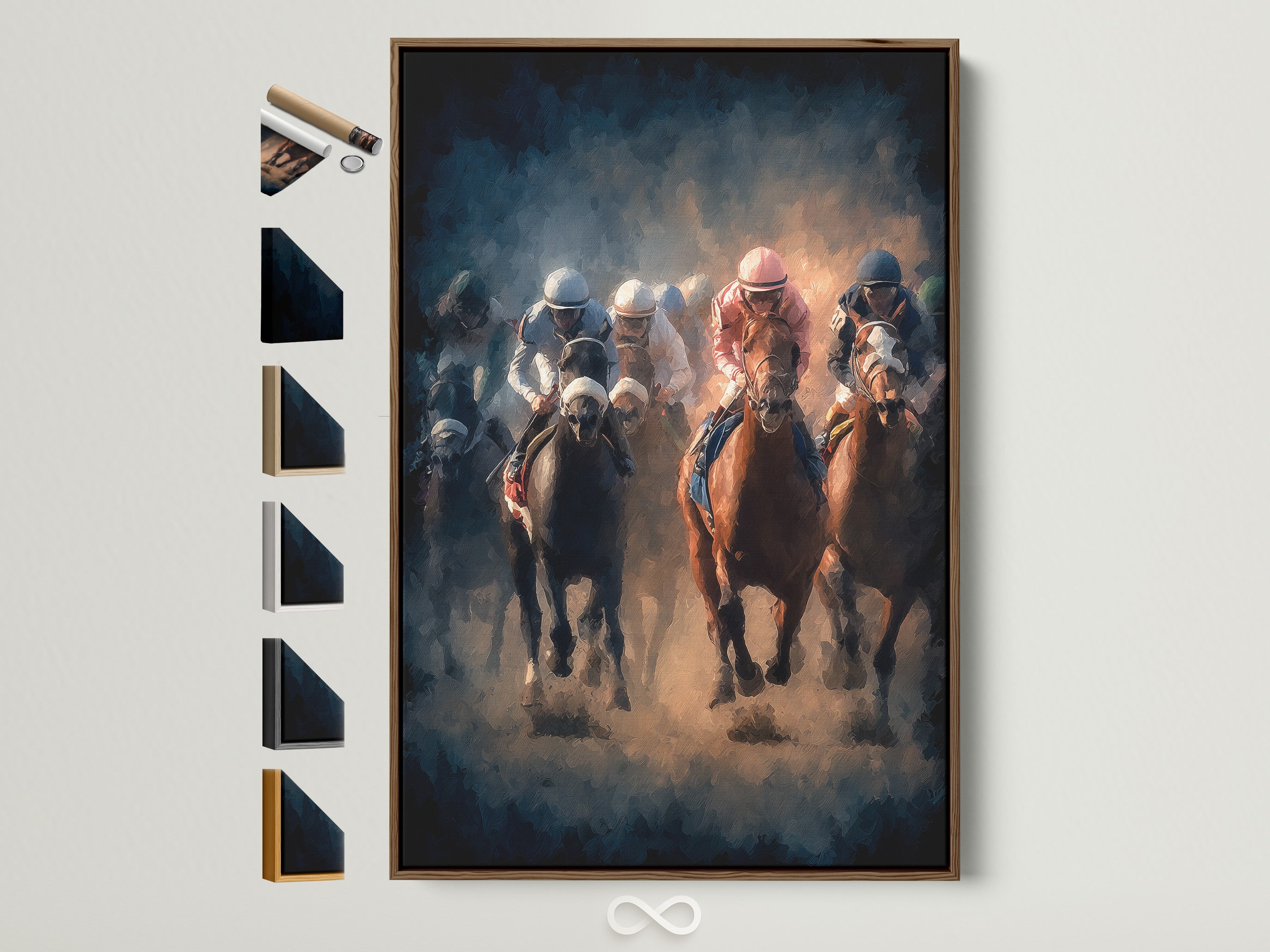 Artwork of horse racing framed in a brown frame. The artwork shows horses and jockeys in a competitive race. All frame options are displayed on the side. Perfect wall art for any room