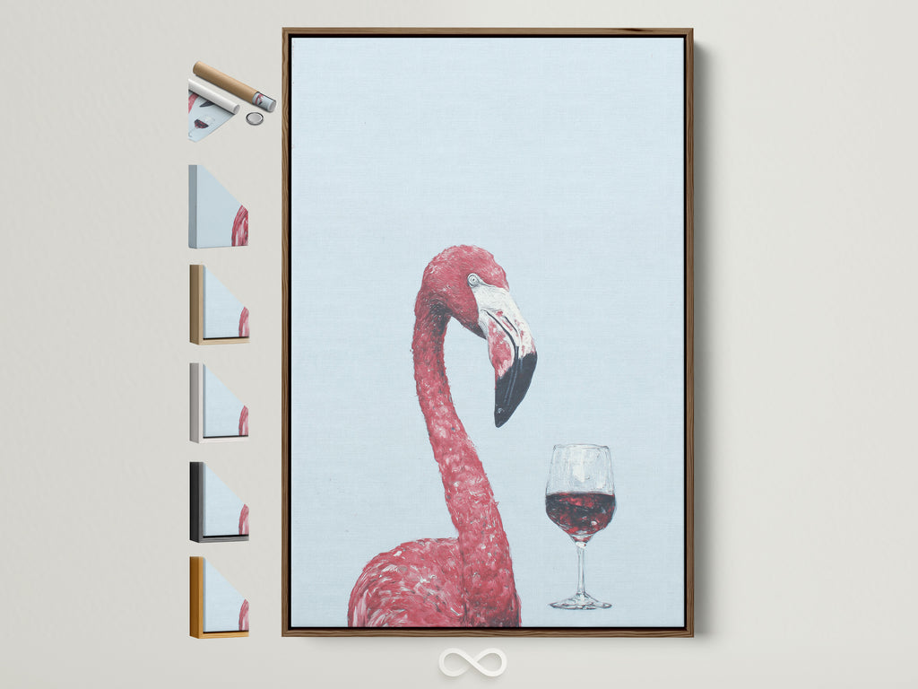 A whimsical pink flamingo art print with a wine glass in a brown frame. Find frame options to complement your tropical bird artwork. Perfect animal artwork for coastal style decor.