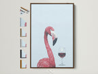 A whimsical pink flamingo art print with a wine glass in a brown frame. Find frame options to complement your tropical bird artwork. Perfect animal artwork for coastal style decor.