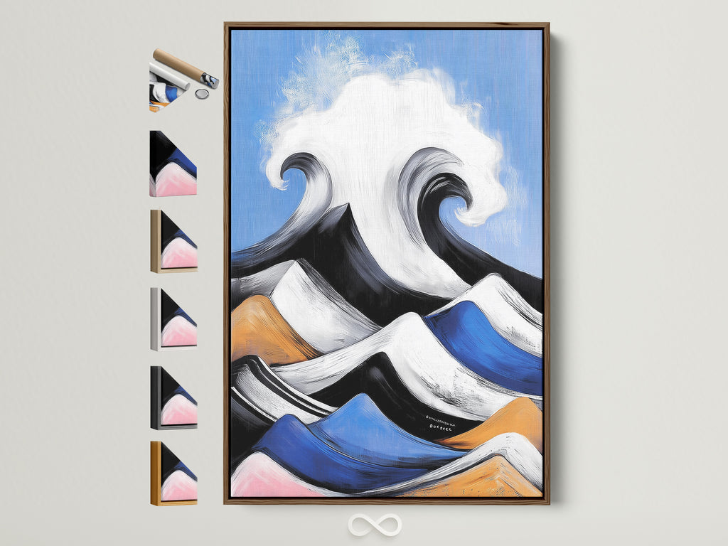 A brown frame displays abstract seascape artwork. This modern ocean wave art features blue and orange hues. See all frame options for this coastal wall decor. Perfect for adding a tropical touch to any room.