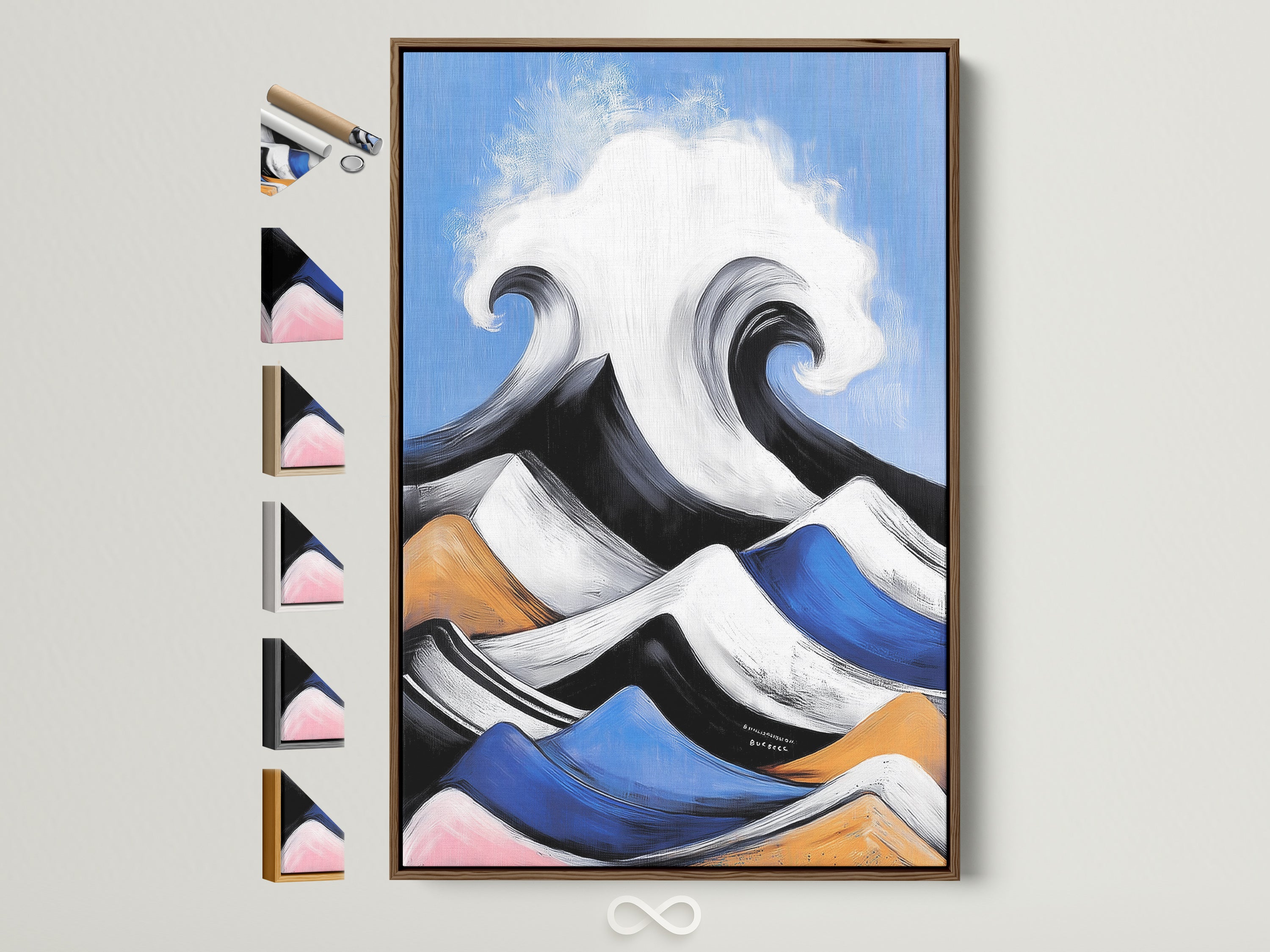 A brown frame displays abstract seascape artwork. This modern ocean wave art features blue and orange hues. See all frame options for this coastal wall decor. Perfect for adding a tropical touch to any room.