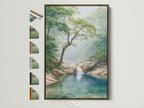 Misty Forest Wall Art in a brown frame. Discover serene nature landscape artwork for your home. See all frame options for this waterfall canvas print. Perfect for living room bedroom or office.