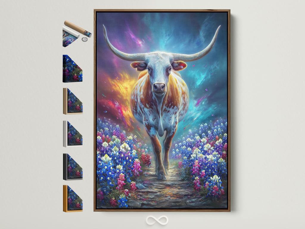 A captivating mystical cow artwork is framed in brown. Various frame options are displayed beside it. The ethereal animal print adds a touch of fantasy to home or office decor. The wildflower field art complements minimalist rustic or farmhouse styles. A unique piece for art lovers.