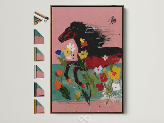 Wild Horse Canvas Art with a brown frame and frame options displayed. This colorful equestrian wall art is perfect for boho bedroom decor. The abstract animal print features pink and green hues. It's ideal for homeowners renters and interior designers seeking unique wall decor.
