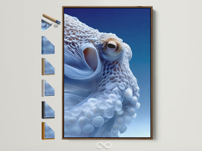 A captivating octopus art print is displayed within a brown frame. Various frame options are neatly arranged beside it. The artwork adds a touch of abstract ocean beauty to any space. Perfect for coastal or nautical themed rooms. Bring the sea to your walls with this unique piece.