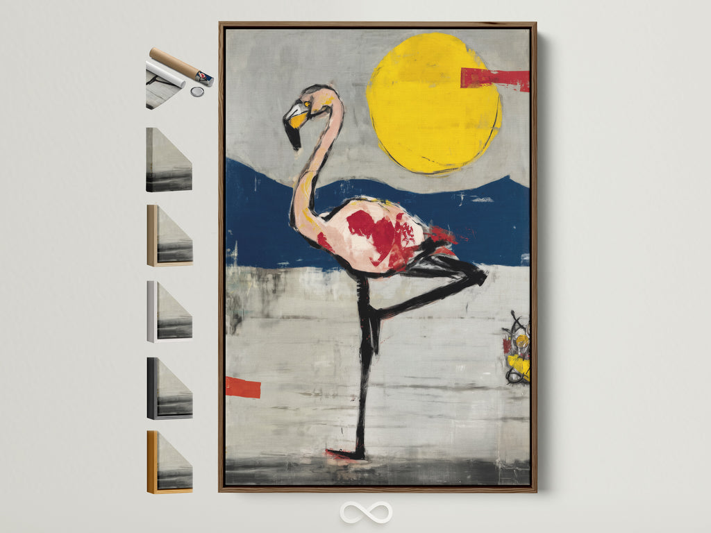Explore framed art options. A brown frame showcases a flamingo abstract art print. See all available frame styles for coastal and tropical artwork. Perfect wall art for living rooms and bedrooms.