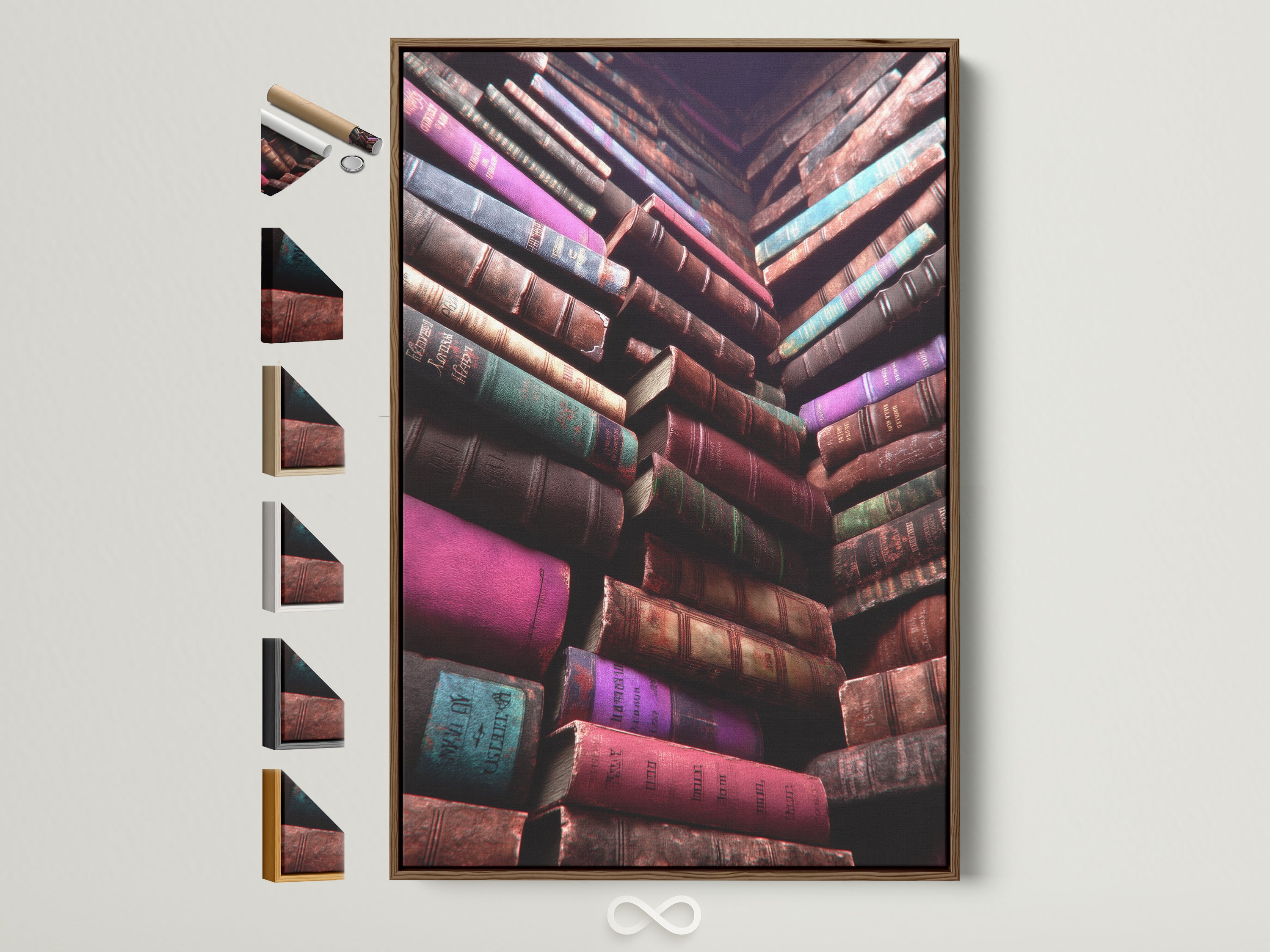 Vintage Books Canvas Artwork with a brown frame. This showcases all frame options available. Perfect book wall art for a study room. Ideal antique library decor for a reading nook or scholar gift. Elevate your space with this literary artwork. It is a great gift for book lovers.