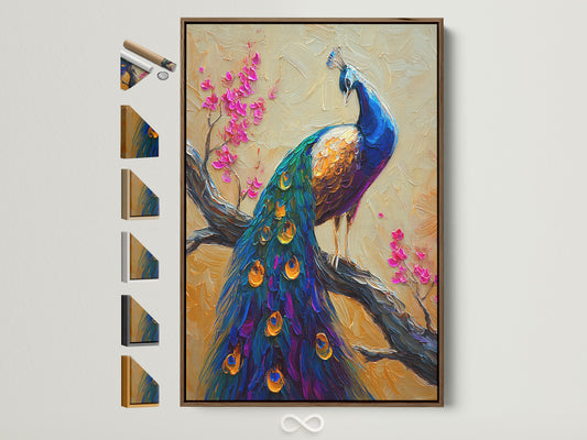 A peacock artwork with a brown frame hangs on a white wall. The frame is a light brown wood. All frame options are displayed on the side. This showcases the various framing choices available for this art print.