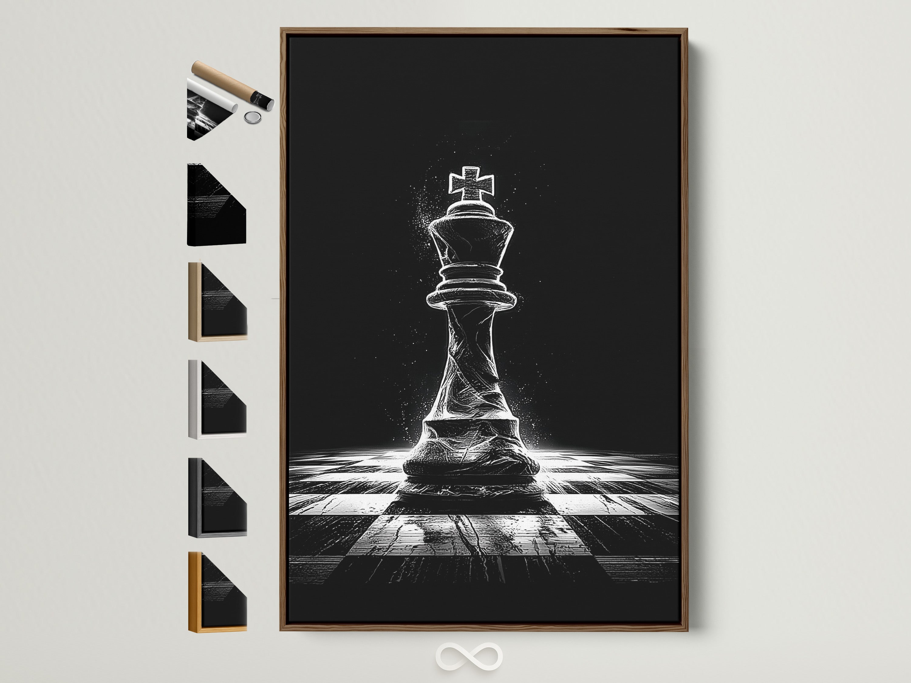 Framed chess king art print with a brown frame. The chess artwork is black and white. Frame options are displayed beside the framed art. Perfect modern wall decor for a game room or office study space.