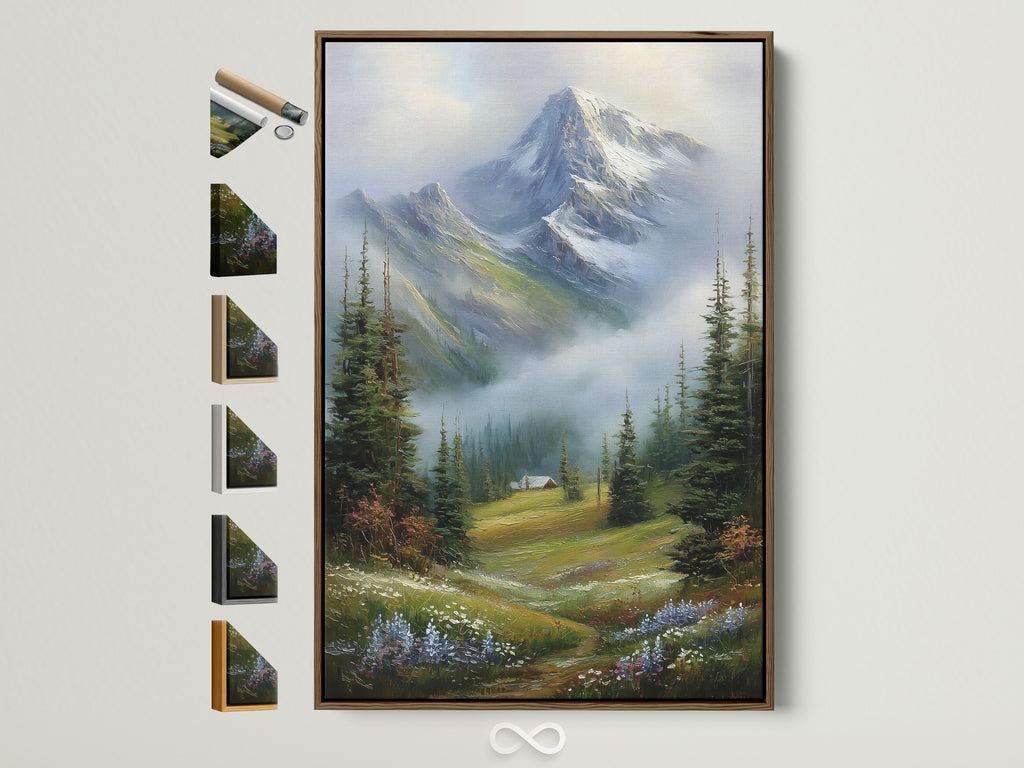 A mountain landscape artwork is framed in a natural brown frame. All available frame options are displayed on the side. Find the perfect frame to complement your art. Enhance your living space with framed artwork.