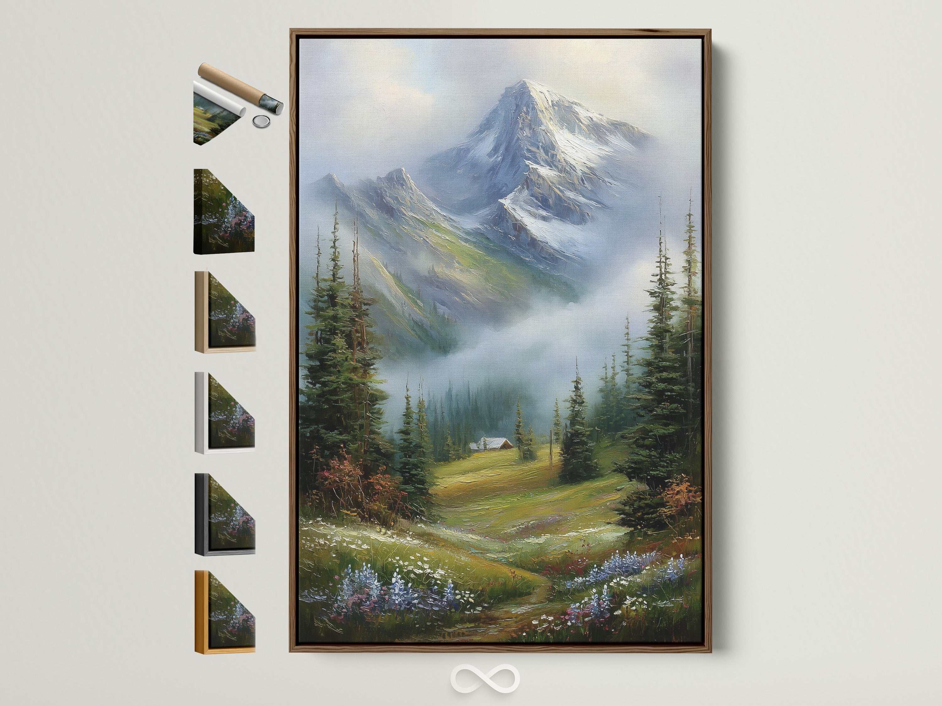 A mountain landscape artwork is framed in a natural brown frame. All available frame options are displayed on the side. Find the perfect frame to complement your art. Enhance your living space with framed artwork.