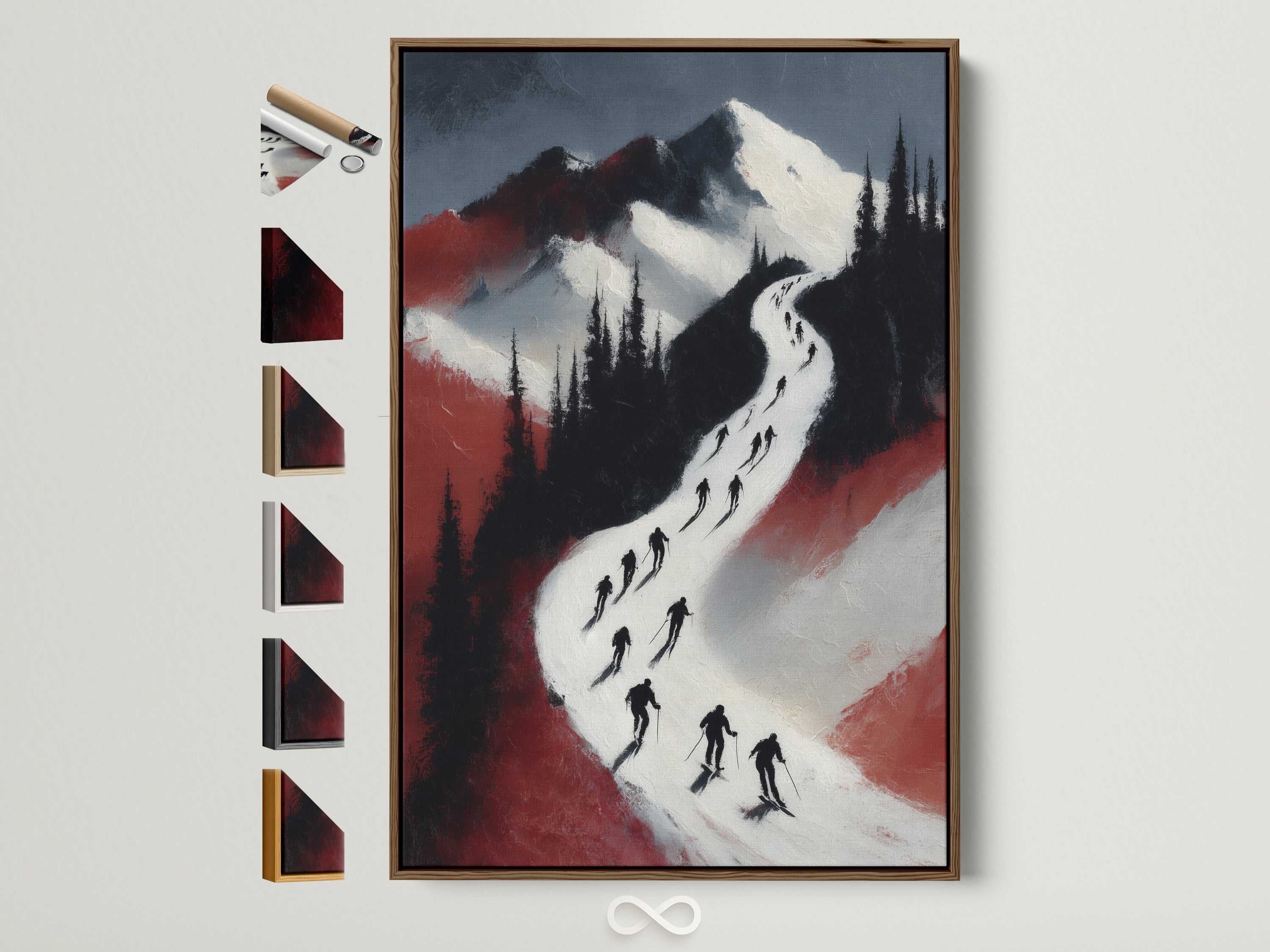 Ski Mountain artwork is displayed in a brown frame. It showcases all frame options available. This alpine skiing wall art enhances any winter sports themed bedroom. Consider this adventure decor.