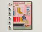 Pink Subway Art Print in a brown frame. This modern urban transit canvas wall art adds a contemporary city life poster to your apartment decor. The artwork complements minimalist urban or modern styles. It is great for living rooms apartments offices studios lobbies clinics cafés and co-working spaces.