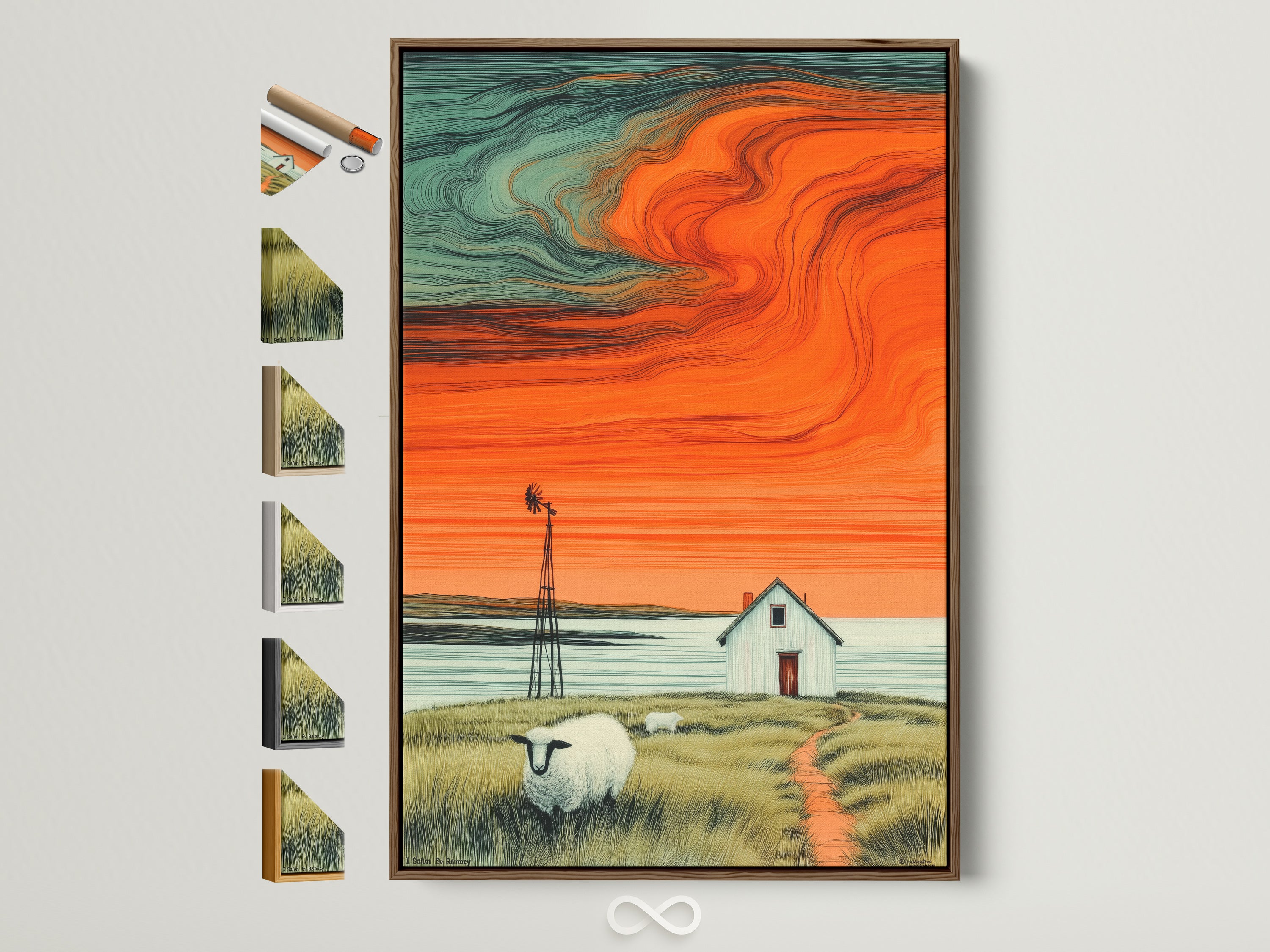 A farmhouse landscape canvas print is displayed in a brown frame. This artwork features a serene countryside scene. There's a windmill a charming house sheep and an orange sunset. All frame options are displayed on the side.