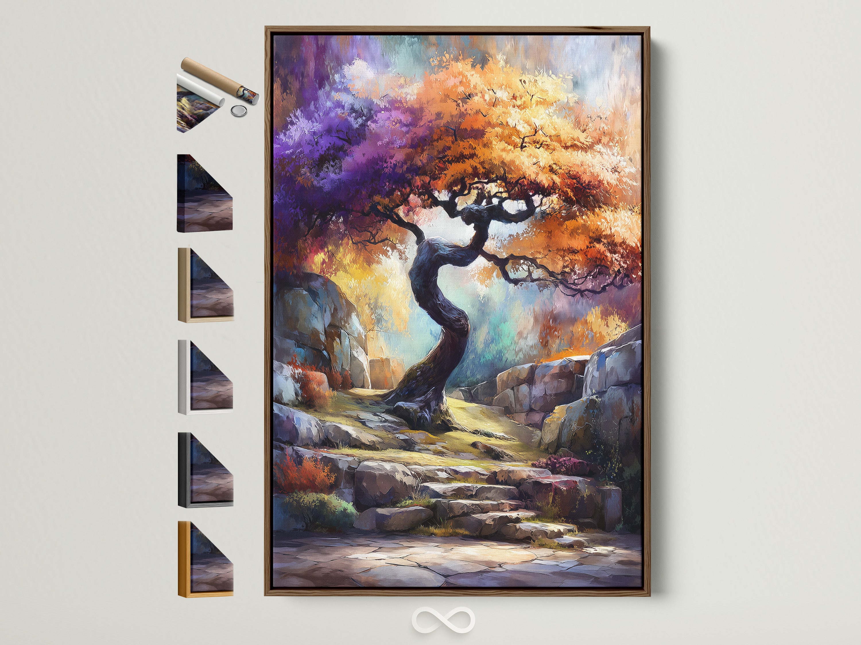 Mystical Tree art print with a brown frame. See all frame options available for this fantasy landscape wall art.  The colorful nature artwork enhances bedroom decor. Find the perfect frame to match your style.