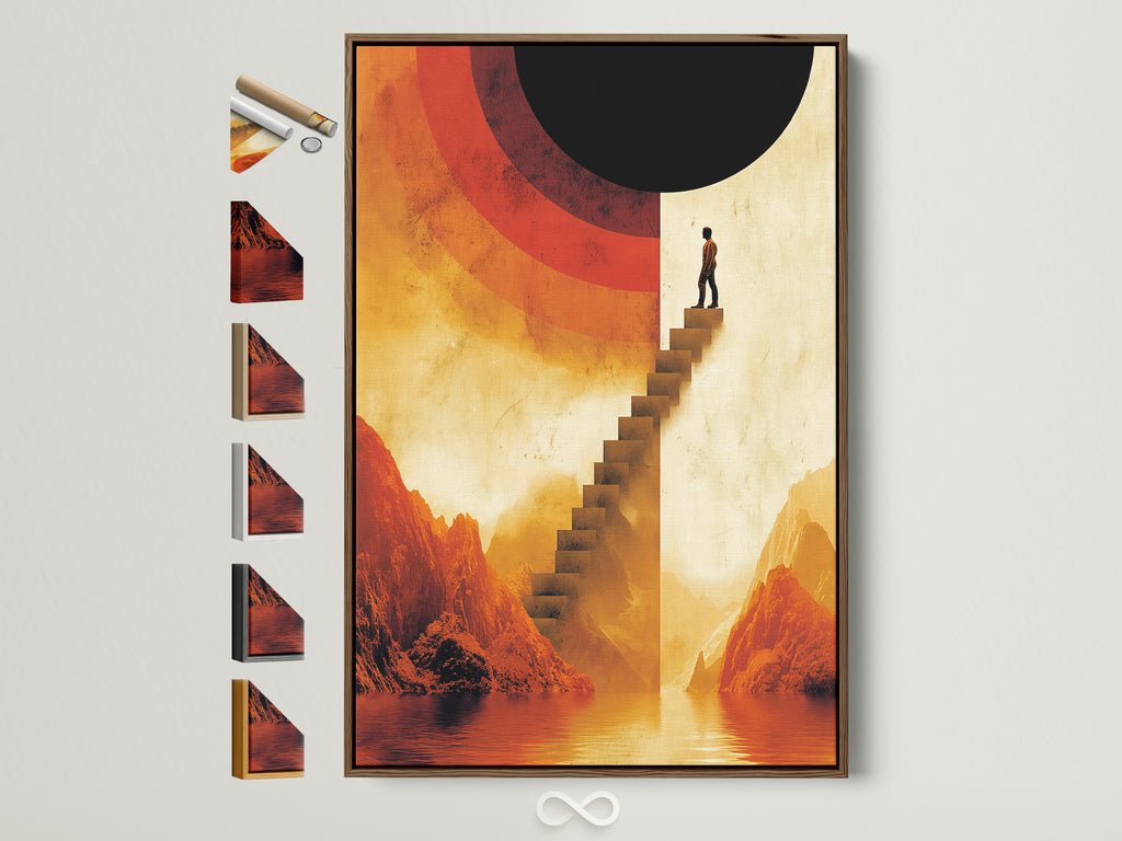 Surreal stairway canvas artwork with a brown frame. Multiple frame options are displayed. See available art options for your space. This abstract mountain landscape artwork features warm earth tones. Its perfect for office decor. Contemporary style adds sophistication.