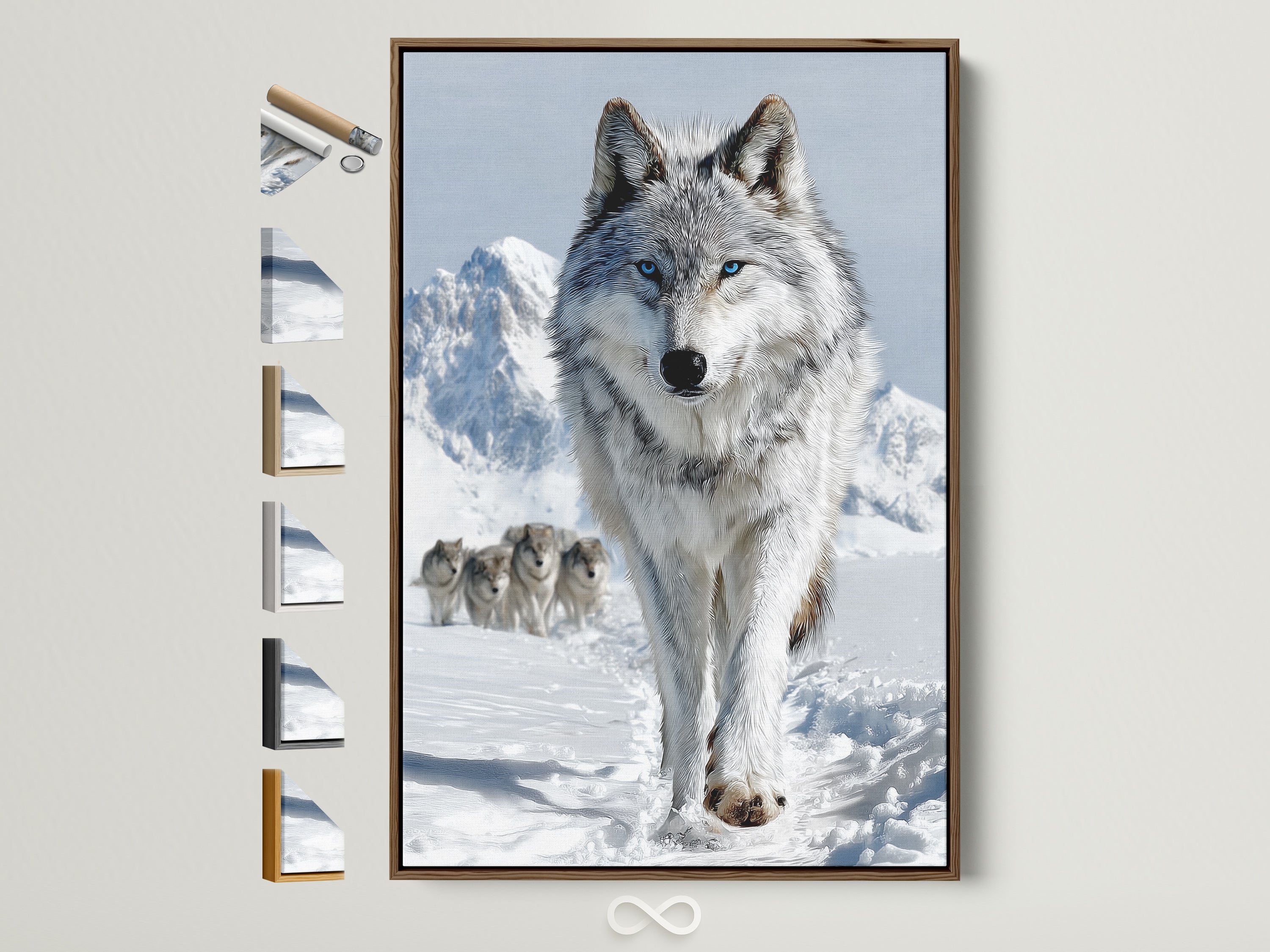 A wolf pack artwork is displayed in a brown frame. The wolf art print brings nature indoors. It is ideal for homeowners or cabin owners. It adds a sophisticated touch to any space. This wall art complements rustic or contemporary styles. All frame options are displayed on the side.