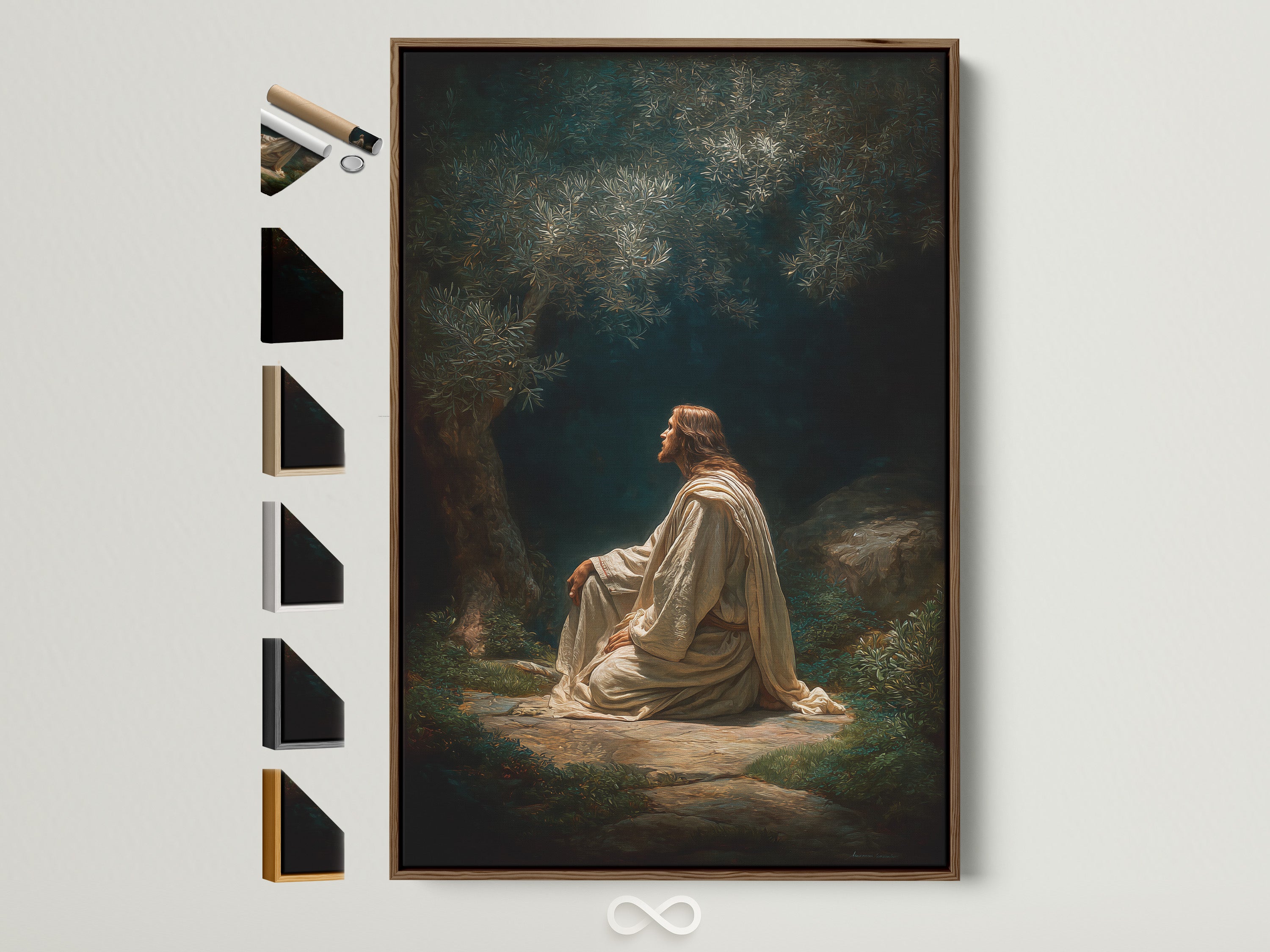 Explore framed artwork options. View a brown frame showcasing available styles. See art choices on the side. Find the perfect frame for your artwork. Enhance your space today with our framing solutions. Discover your style now.